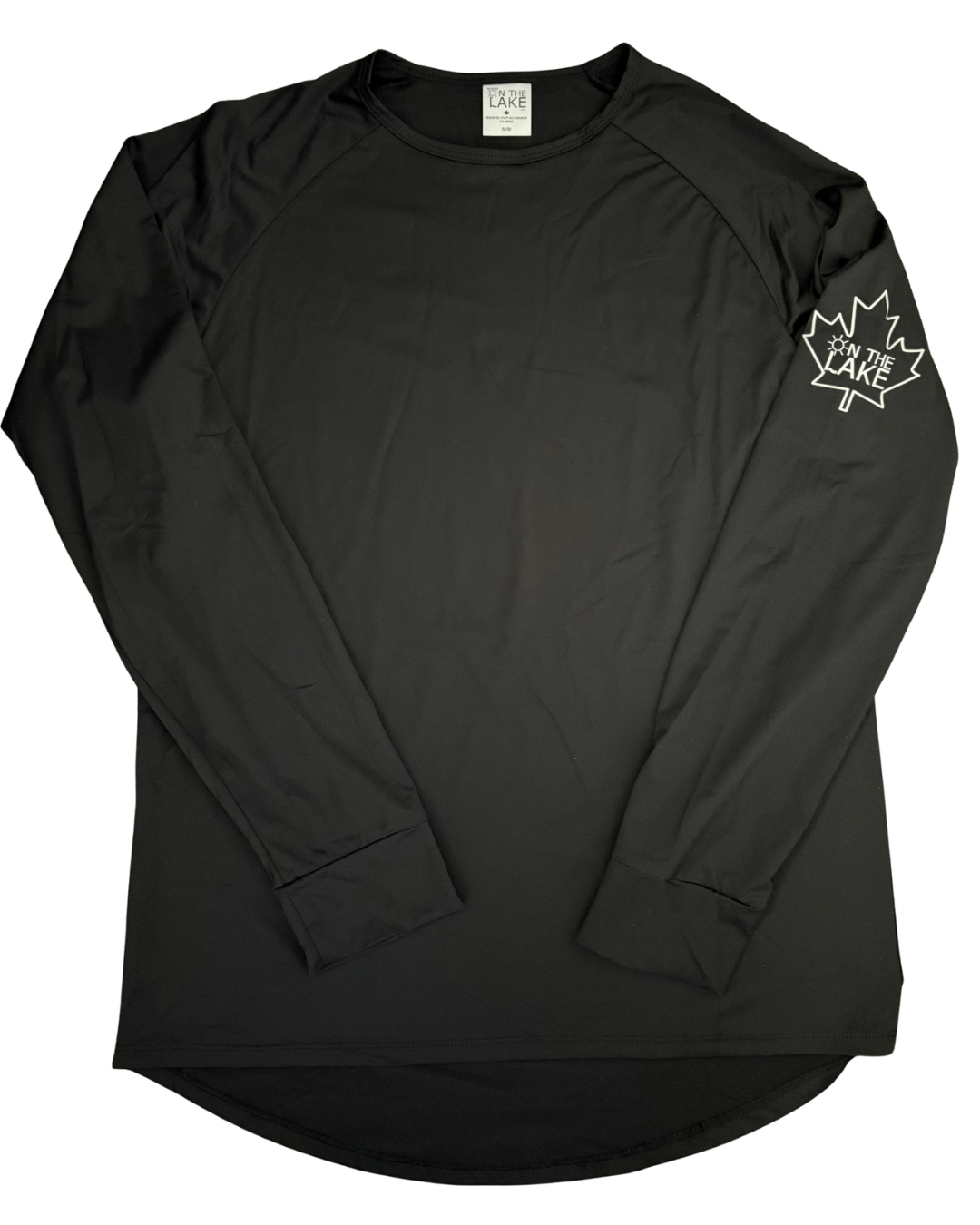 Women/Men's black UPF 50+ sun protection long sleeve shirt, front view with "On The Lake" inside a maple leaf logo on the upper left sleeve, for fishing, boating, and outdoor summer wear