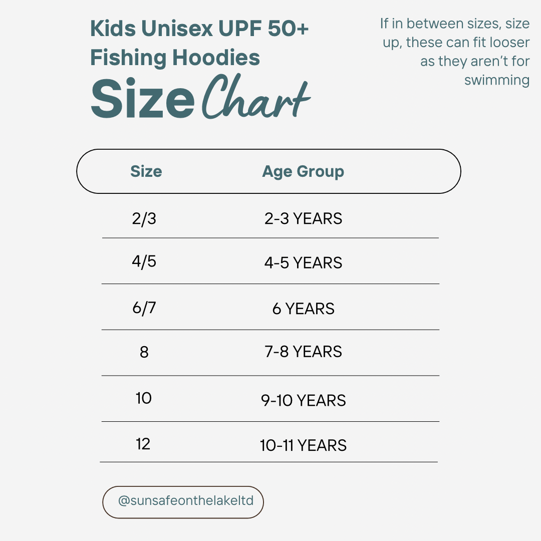 Size chart for Kids Unisex UPF 50+ Fishing Hoodies with age group labels.