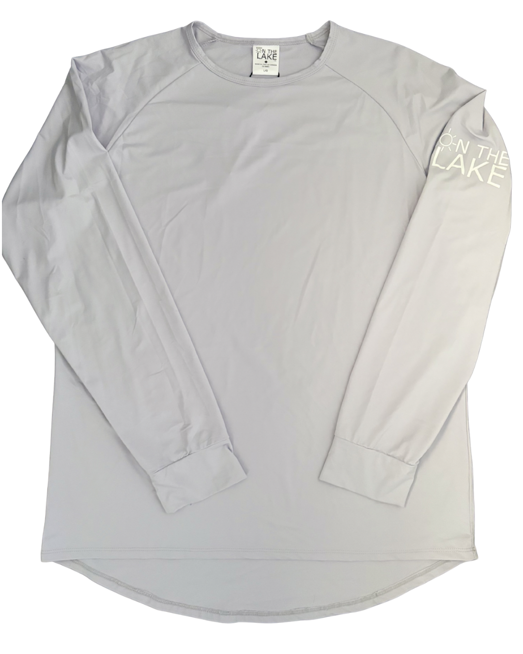 Women/Men's silver UPF 50+ sun protection long sleeve shirt, front view with "On The Lake" logo on the upper left sleeve, for paddling, kayaking, pickleball, boating, and outdoor summer wear