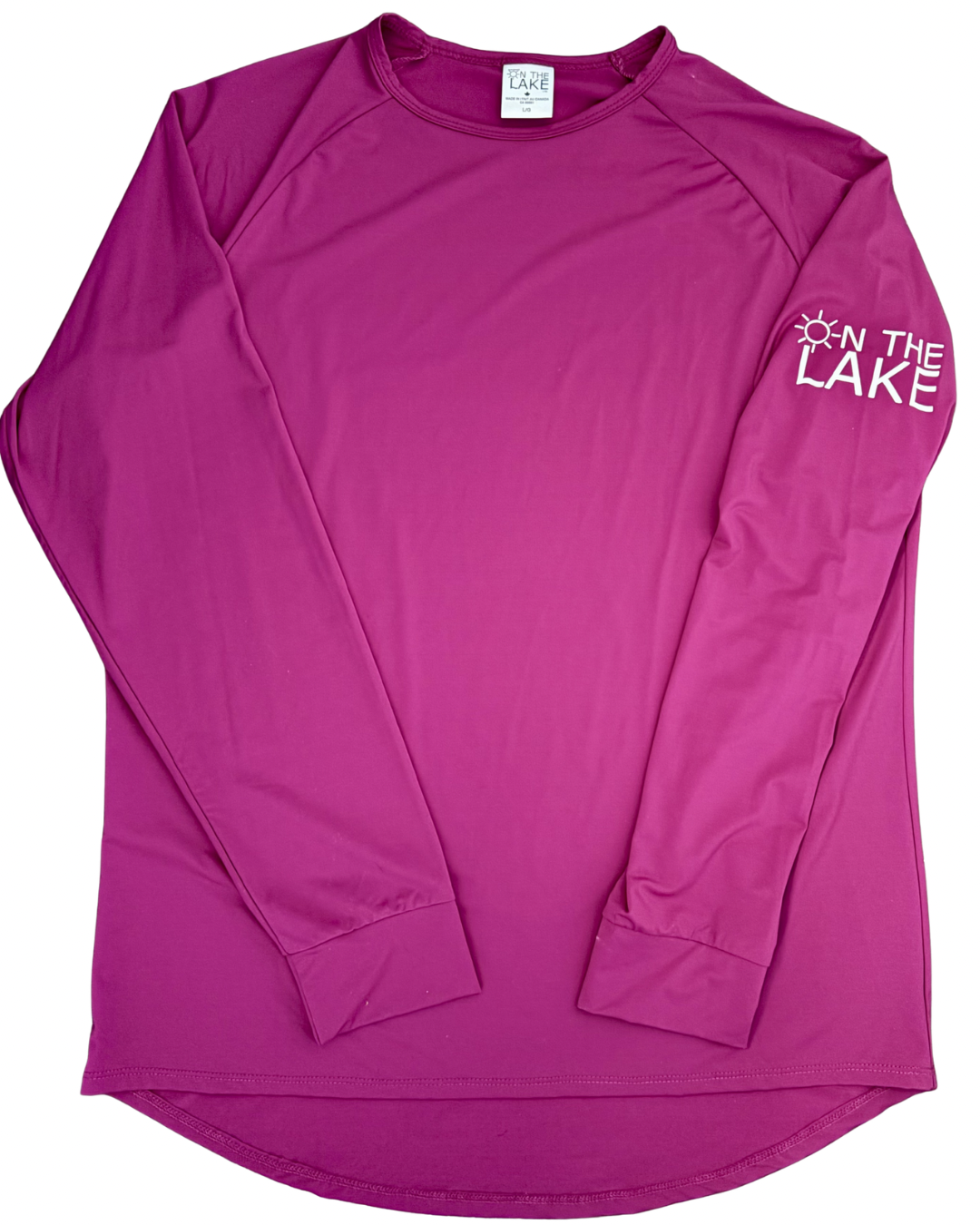 Women's purple UPF 50+ sun protection long sleeve shirt front view with "On The Lake" logo on the left sleeve, for fishing, boating, and outdoor summer wear