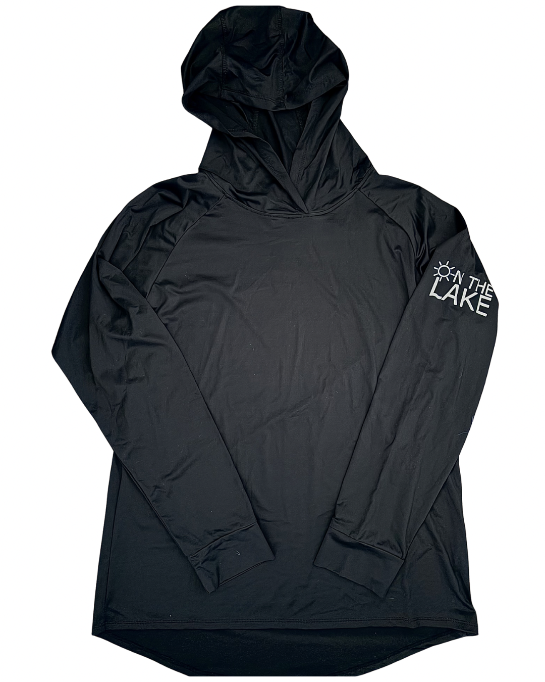 Women/Men's black UPF 50+ sun protection long sleeve hooded shirt, front view with "On The Lake" logo on the upper left sleeve, for fishing, boating, and outdoor summer wear