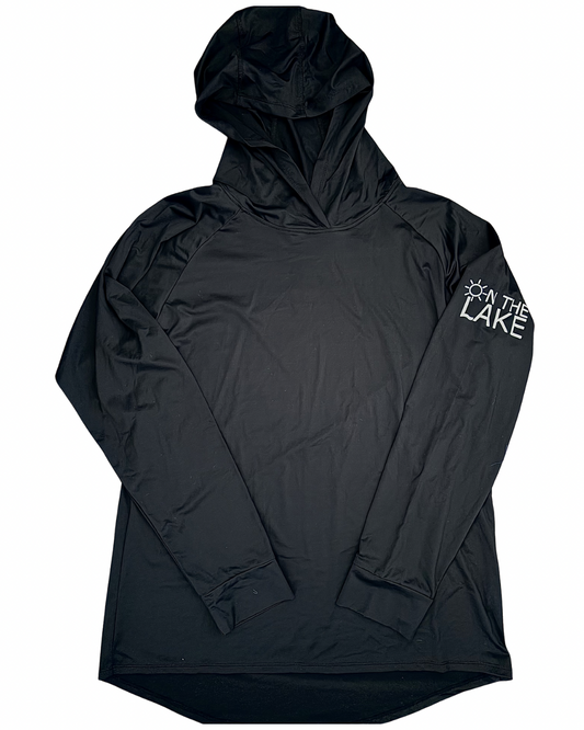 Women/Men's black UPF 50+ sun protection long sleeve hooded shirt, front view with "On The Lake" logo on the upper left sleeve, for fishing, boating, and outdoor summer wear