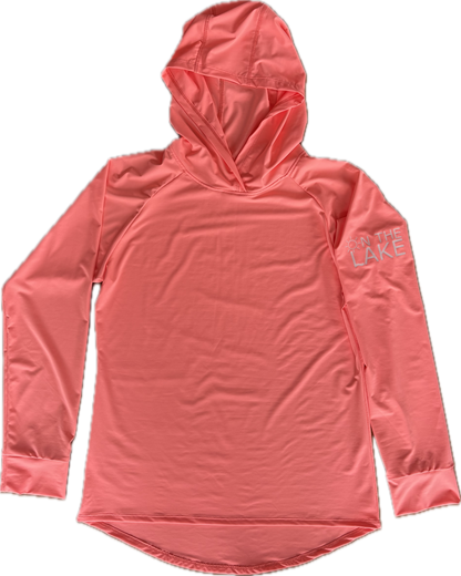 Women/Men's coral UPF 50+ sun protection long sleeve hooded shirt, front view with "On The Lake" logo on the upper left sleeve, for fishing, boating, and outdoor summer wear