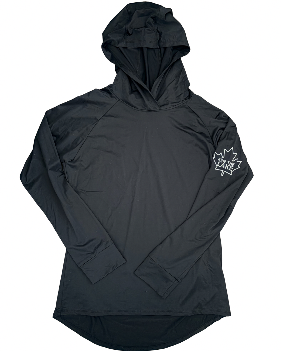 Women/Men's black UPF 50+ sun protection long sleeve hooded shirt, front view with "On The Lake" inside a maple leaf logo on the upper left sleeve, for fishing, boating, and outdoor summer wear