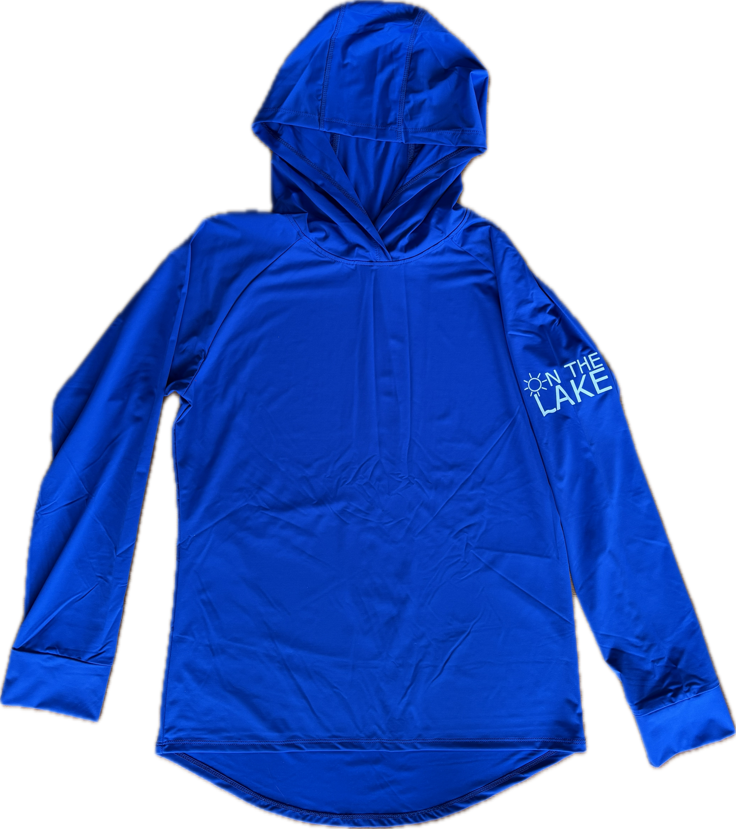 Women/Men's royal blue UPF 50+ sun protection long sleeve hooded shirt, front view with "On The Lake" logo on the upper left sleeve, for fishing, boating, camping and outdoor activities
