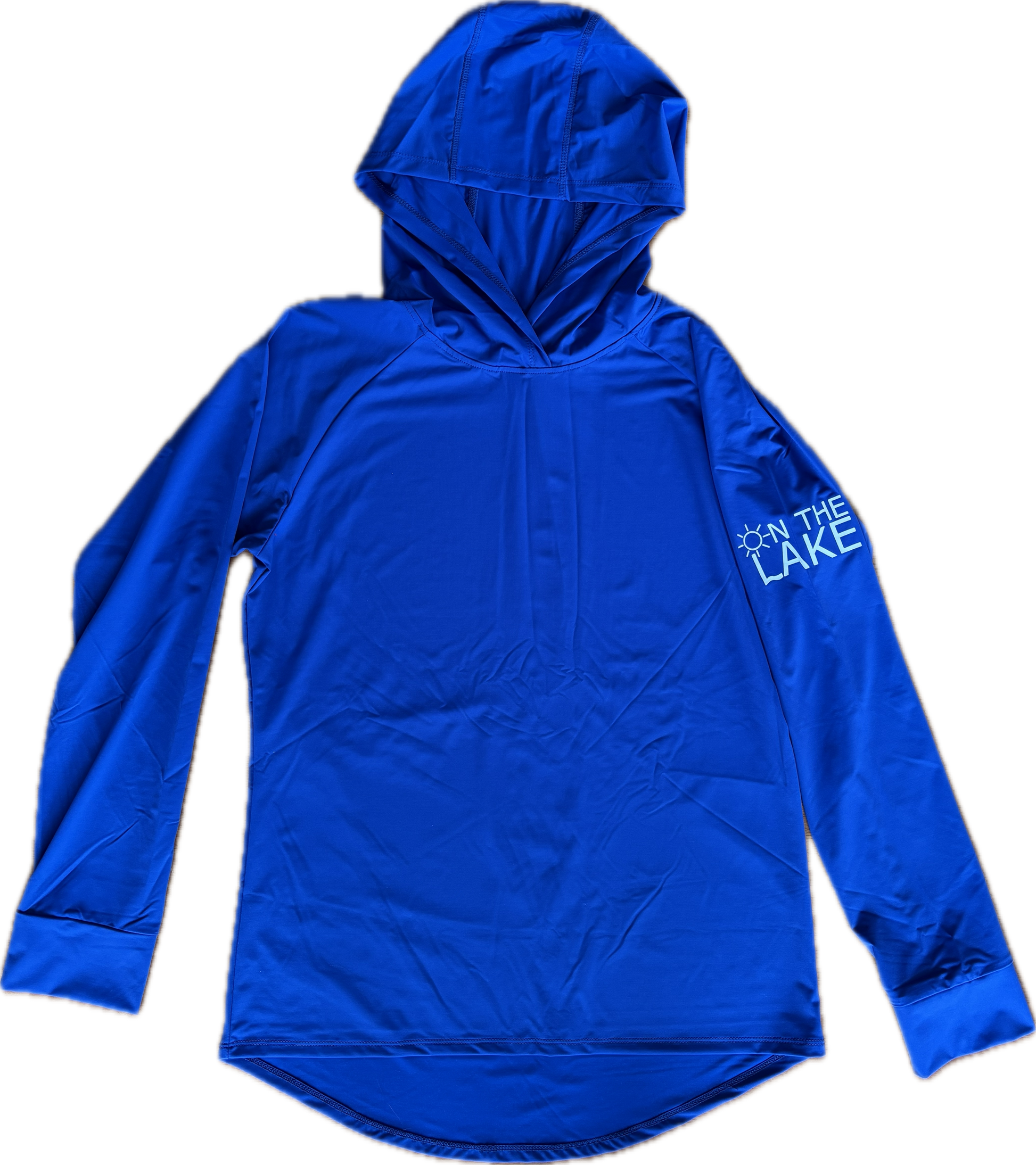Women/Men's royal blue UPF 50+ sun protection long sleeve hooded shirt, front view with "On The Lake" logo on the upper left sleeve, for fishing, boating, camping and outdoor activities