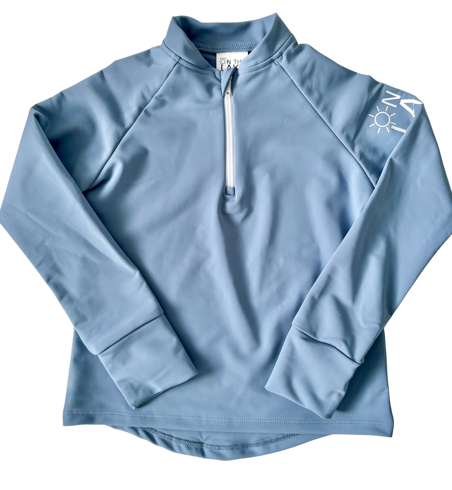 kids UPF 50 rash guard grey blue swim shirt, part of matching family swimwear.