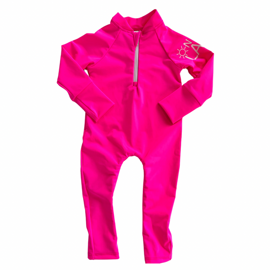 A bright pink full-body baby swimsuit with UPF 50+ protection 
