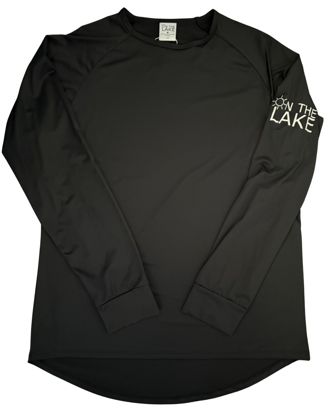Women/Men's black UPF 50+ sun protection long sleeve shirt, front view with "On The Lake" logo on the upper left sleeve, for fishing, boating, and outdoor summer wear