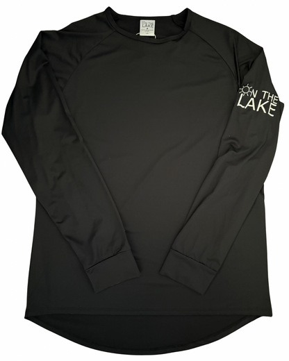 Women/Men's black UPF 50+ sun protection long sleeve shirt, front view with "On The Lake" logo on the upper left sleeve, for fishing, boating, and outdoor summer wear