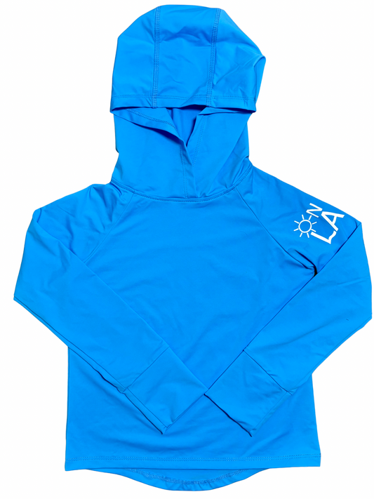 Bright Blue Kids UPF 50+ fishing hoodie made in Canada with lightweight long sleeves and sun protective hood