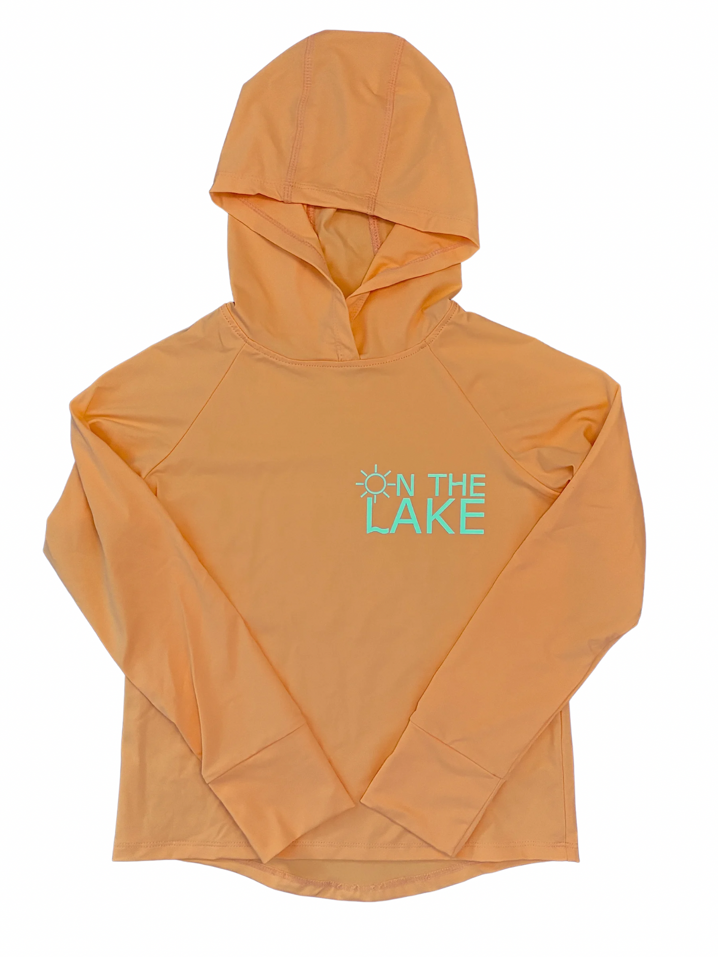 Close-up of 3-panel hood on kids UPF 50+ fishing hoodie for added sun protection, logo on the front left chest
