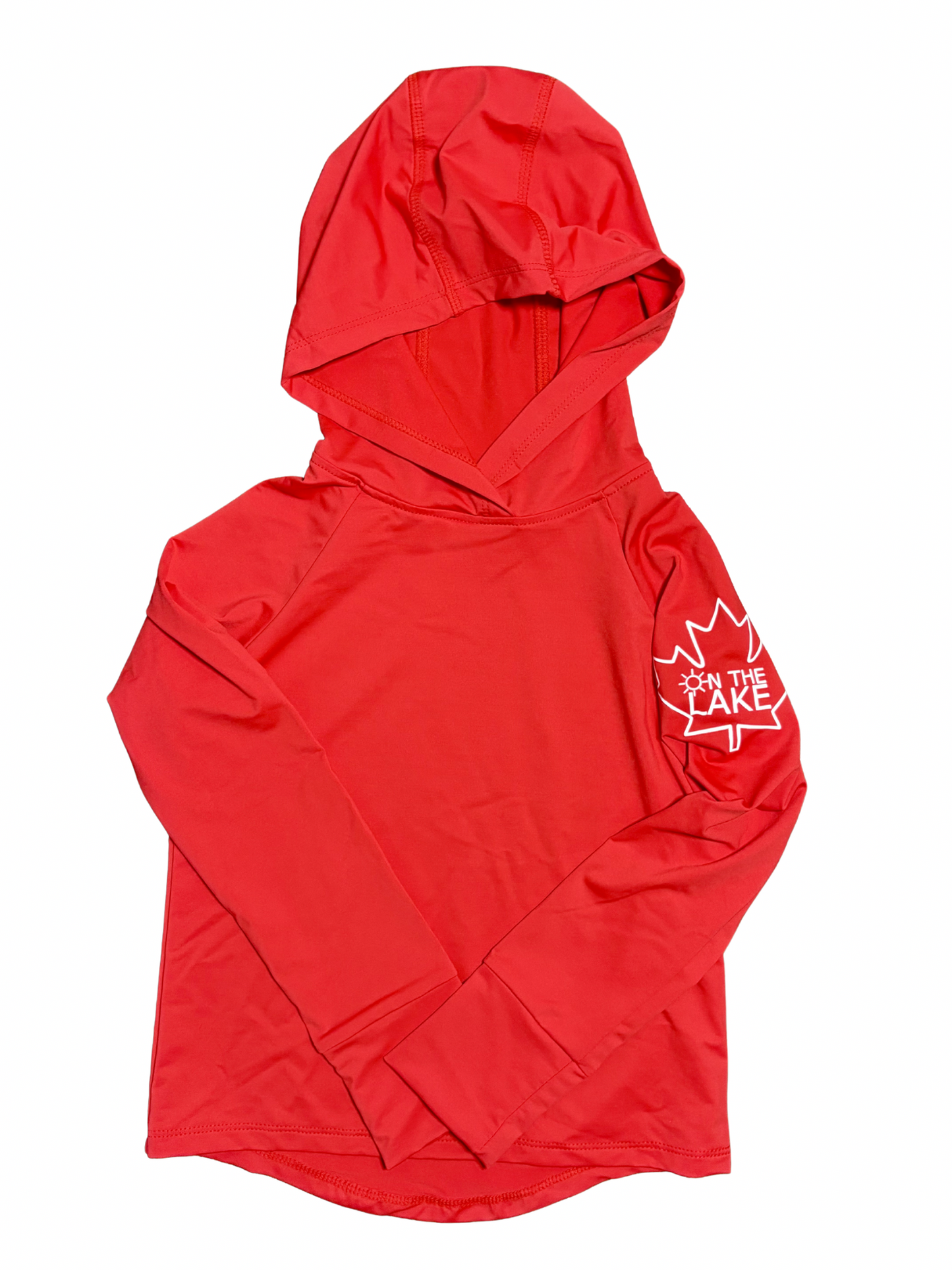 Kids UPF 50+ fishing hoodie in Canadian Edition Red with maple leaf logo on the long sleeve and sun protective hood