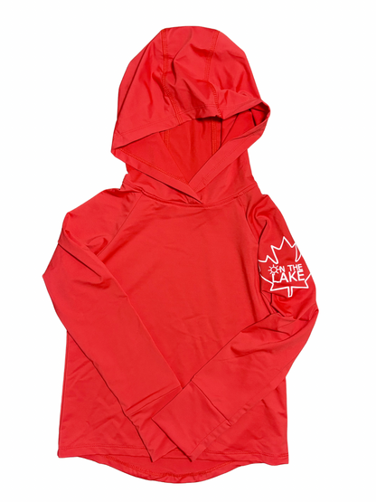 Kids UPF 50+ fishing hoodie in Canadian Edition Red with maple leaf logo on the long sleeve and sun protective hood