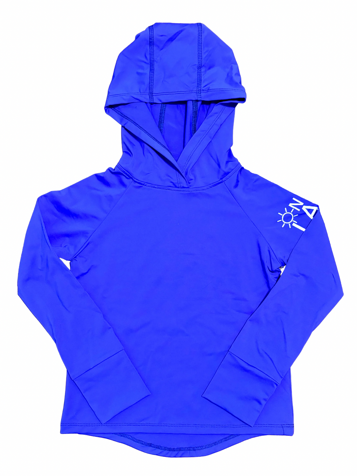 Kids UPF 50+ fishing hoodie in royal blue with long sleeves and sun protective hood