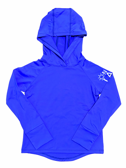Kids UPF 50+ fishing hoodie in royal blue with long sleeves and sun protective hood