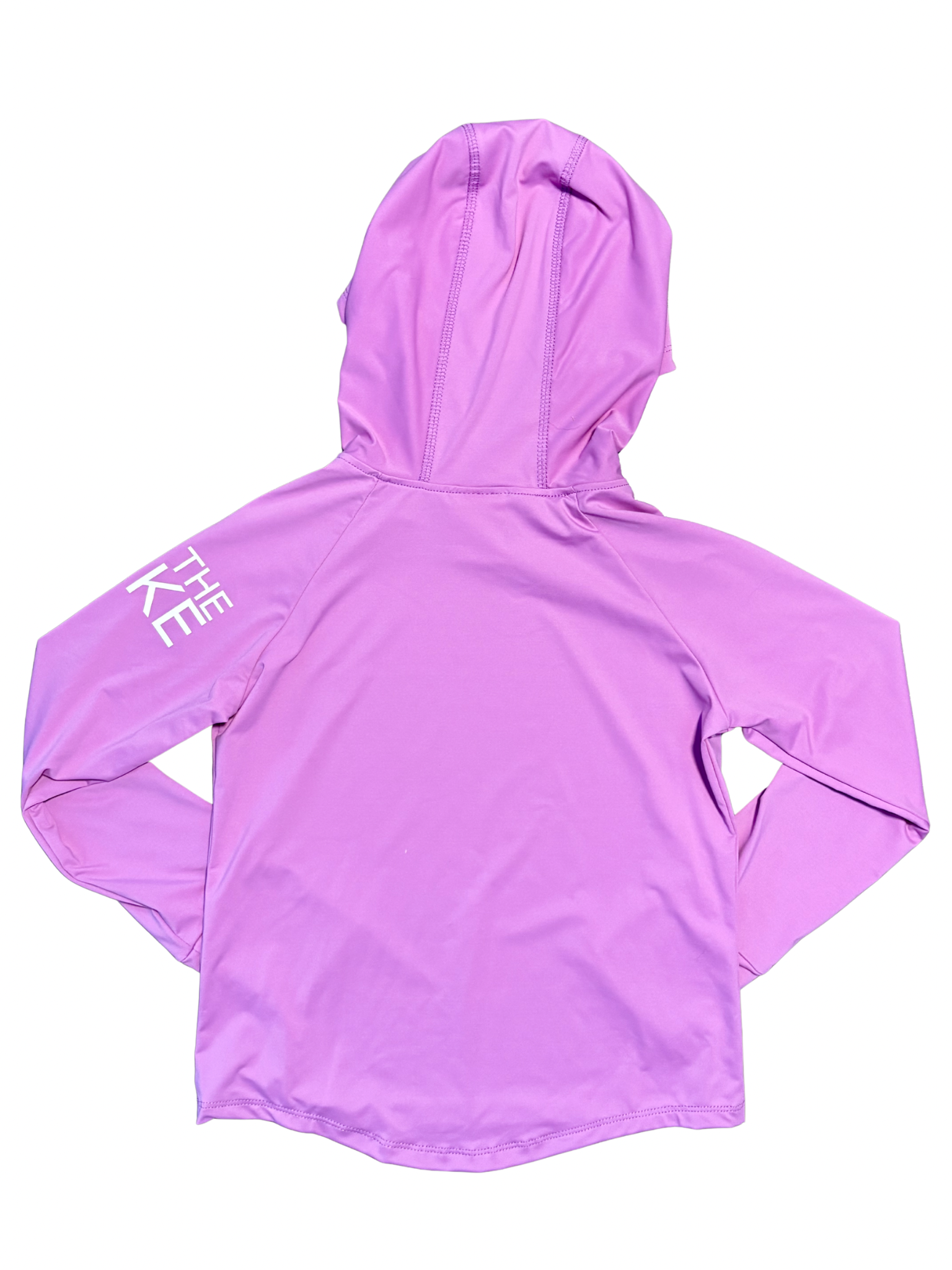 Back view of  purple kids UPF 50+ UV long sleeve fishing hoodie showing scoop back for additional sun coverage
